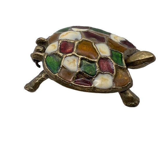 Vintage Brass Turtle Trinket Box Colorful Enamel Mosaic Shell Cottagecore Boho - Picture 3 of 12